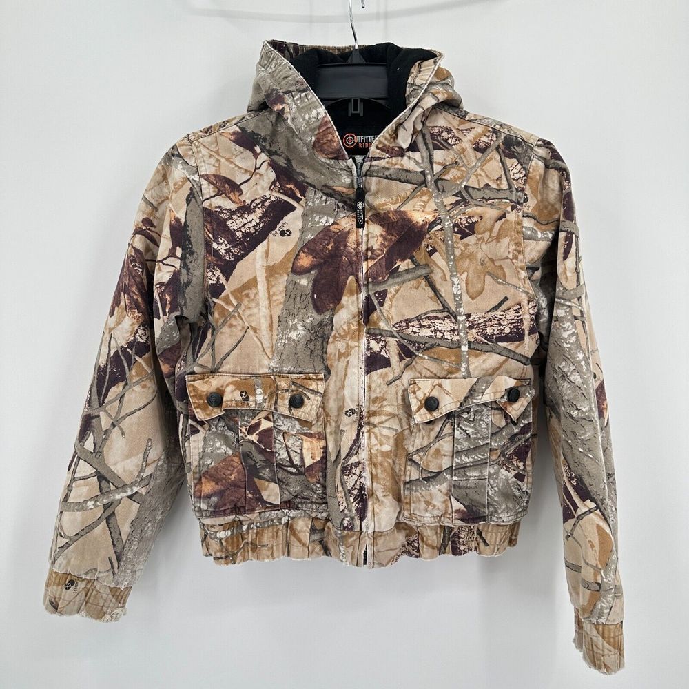 Vtg‎ Outfitters Ridge Jacket Kids L 12/14 Brown Tan Camo Hunting Outdoors Grunge